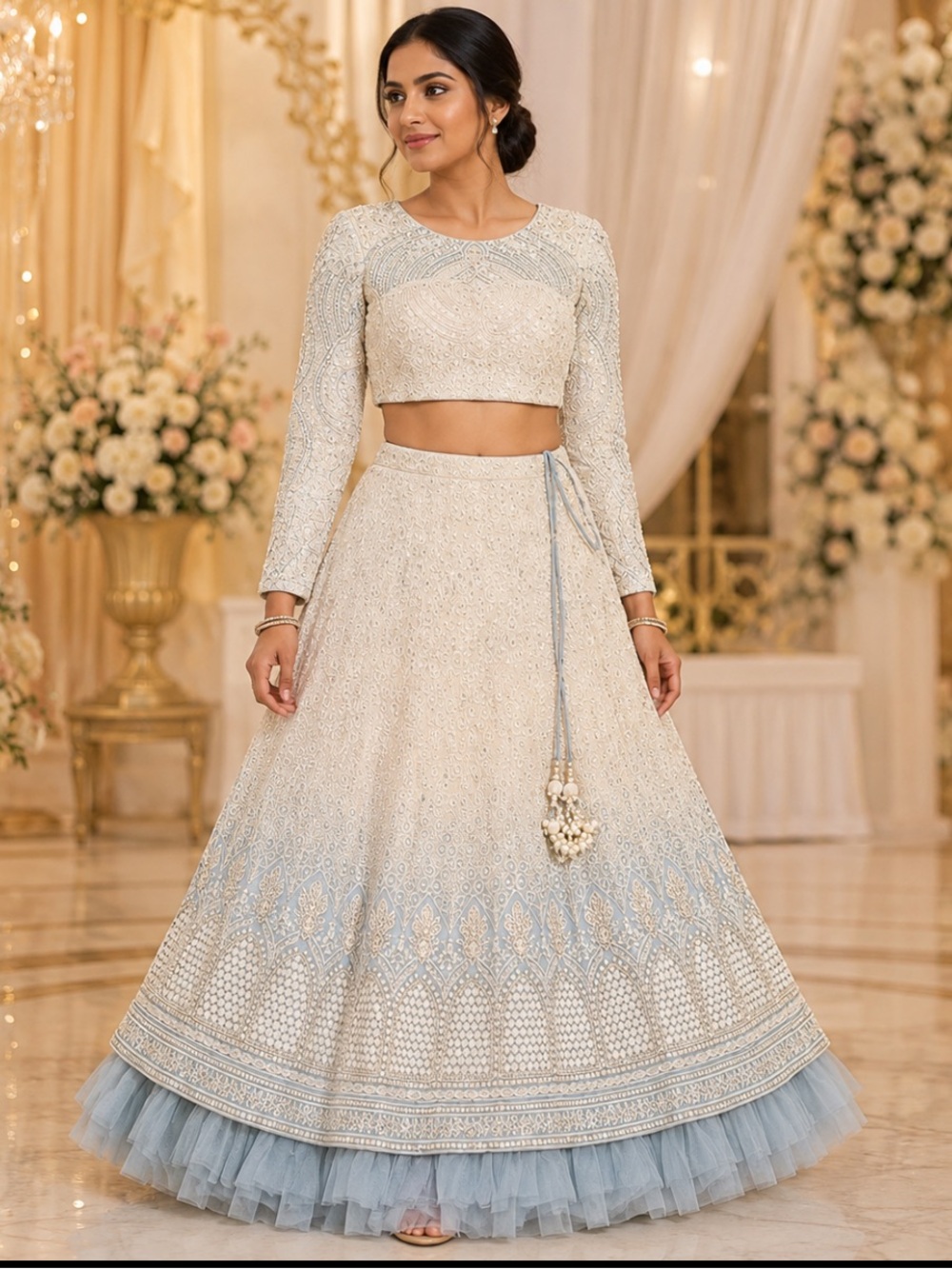 AsoPalav XL Ice Blue Ivory Heavily Beaded Lehenga Choli Set